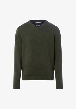 Maglione verde scuro a V realizzato in un tessuto morbido e liscio. Le maniche lunghe e l'orlo a costine conferiscono struttura al design rilassato.
