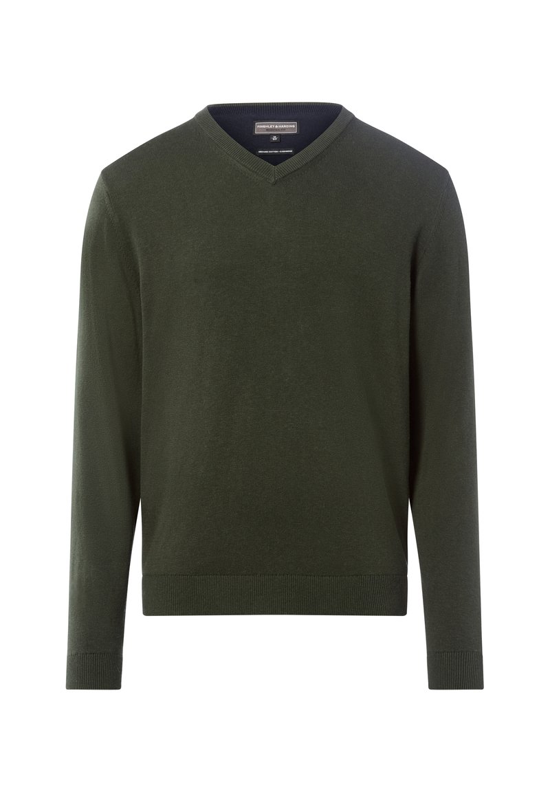 Donkergroen V-hals trui van zachte, gladde stof. Lange mouwen en een geribbelde zoom geven structuur aan het relaxte ontwerp.
