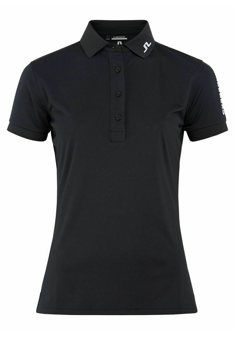 Polo preto feito de tecido suave, com gola, lista de três botões e mangas curtas. Detalhes do logótipo na gola e na manga.