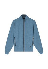 Blauwe zip-up jack van textuurstof, met een hoge kraag, twee zijzakken met rits en een subtiele logo-detail op de zoom.