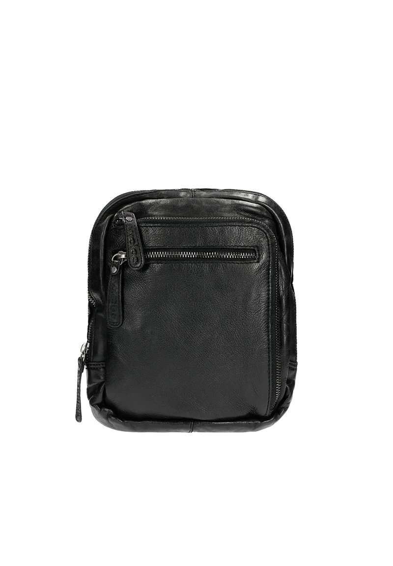 Borsa in pelle nera con forma arrotondata, tasca frontale con zip e texture liscia. Presenta cuciture visibili e un tirante della zip sul lato.
