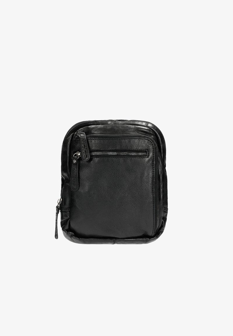 Borsa in pelle nera con forma arrotondata, tasca frontale con zip e texture liscia. Presenta cuciture visibili e un tirante della zip sul lato.