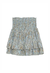 Jupe smockée bleue à motif avec un design évasé, comportant deux niveaux et un imprimé abstrait dans des tons de brun avec des accents dorés.