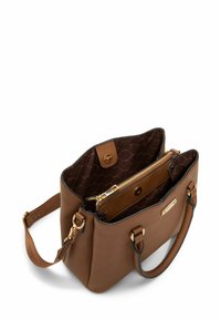 Brown leather handbag with gold-tone hardware, a textured finish, two compartments, and a zippered pocket. interior features a patterned lining.
