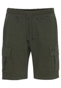 Olivenfargede cargo shorts med elastisk midjebånd og snor. Har to sidelommer og et lite logo-merke på forsiden.