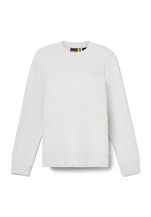 Sweat-shirt gris clair avec un col rond, des manches longues et des poignets et un ourlet côtelés. Présente un logo discret sur la poitrine. Texture de tissu douce.