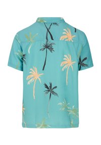 Korte mouwen overhemd in turquoise met een gestructureerde stof, voorzien van palmbomenpatronen in geel, zwart en groen. Met kraag ontwerp.