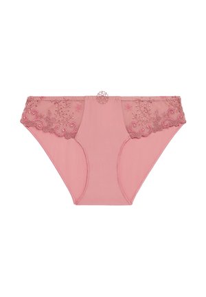 Rosa Spitzenunterwäsche mit einem floralen Stickmuster am Bund. Glattes Material mit transparenten Spitzenakzenten an den Seiten. Klassischer Schnitt.