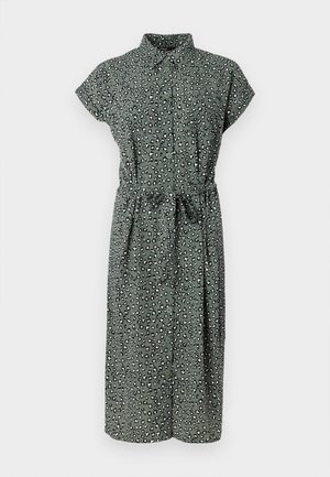 Zöld gombos ruha leopárdmintával, rövid ujjal, derékmegkötővel és térdhosszú szélességgel. Könnyű anyagból készült, puha tapintású.