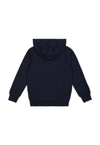Felpa blu navy realizzata in tessuto misto cotone, con tasca a marsupio, polsini a coste e cappuccio con coulisse, caratterizzata da una texture liscia.