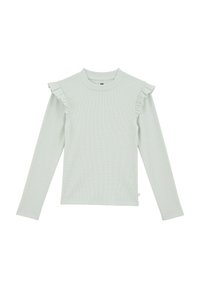 Svetlozelena dolga majica z dolgimi rokavi z rebrasto teksturo, ki ima nagubane dodatke na ramenskih delih in okroglo izreznico.