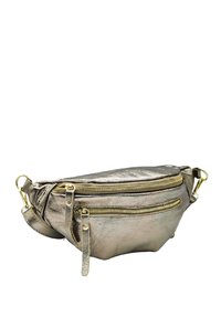 Banane en argent métallique avec deux compartiments zippés, surface texturée, quincaillerie dorée et une sangle réglable.