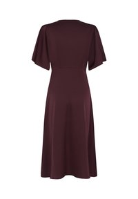 Robe midi violet foncé avec manches courtes à volant et taille cintrée, vue de dos sur un fond blanc.