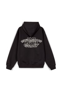 Sudadera negra con capucha y un corte holgado. Presenta texto blanco que dice "Mud City Infamous Grmy" en la parte posterior. Tejido de textura suave.