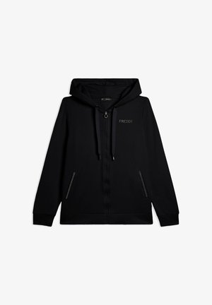 Felpa nera con zip realizzata in tessuto morbido, dotata di cappuccio regolabile con i lacci, tasche laterali con cerniere e un logo discreto sul petto.