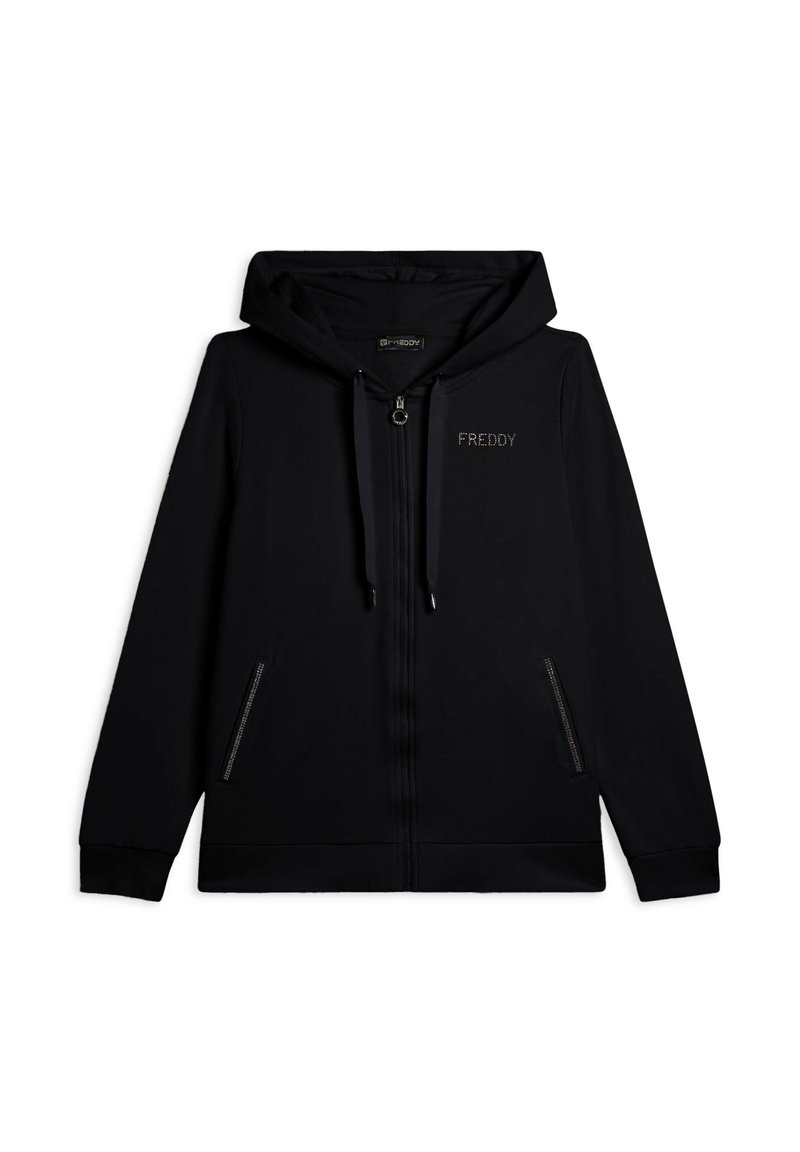 Haut de hoodie zippé noir en tissu doux, avec une capuche à cordon, des poches latérales zippées et un logo discret sur la poitrine.