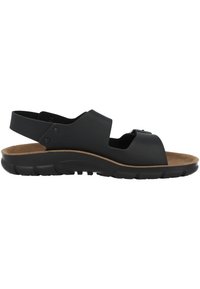 Black sandal featuring a textured synthetic upper, open toe design, adjustable strap, and a cushioned cork footbed on a rubber sole.