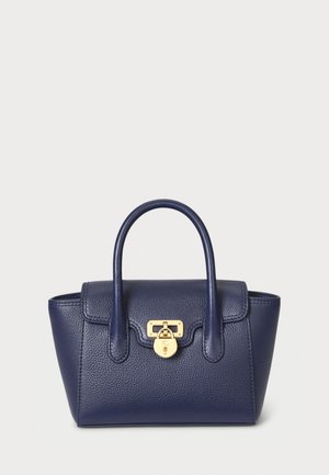 Navy blue leather handbag with rounded handles, a gold lock clasp, textured finish, and structured silhouette.