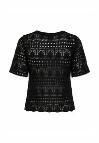 Černý krátký rukáv háčkovaný top s geometrickými a vlnitými vzory, poloprůhledný pletený design a kulatý výstřih.