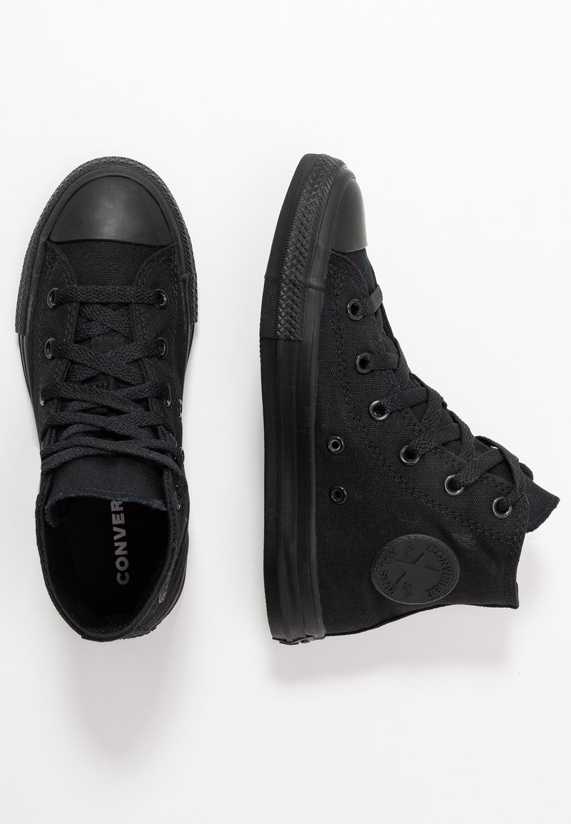 Sorte høyhælte kanvassneakers med gummitåhette, runde lisser og sirkulært logo-merke. Teksturert stoffoverlegg og glatt gummisåle.