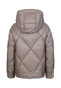 Giacca puffer beige con cappuccio, caratterizzata da un design trapuntato a motivo diamante. Texture liscia e lucida, e una vestibilità morbida con maniche ampie.