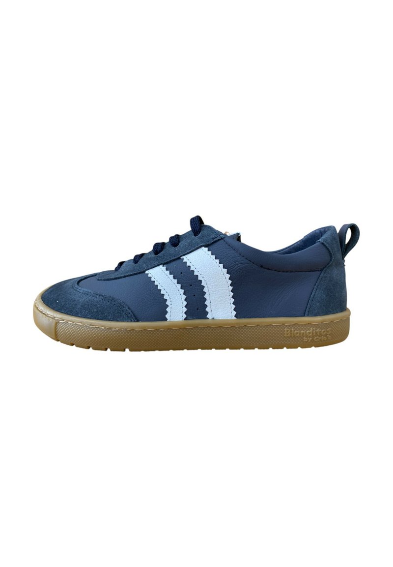 Zapatillas de ante azul y cuero con rayas en zigzag blancas y suela de goma. Cuentan con cordones y un tirador en el talón para facilitar su uso.