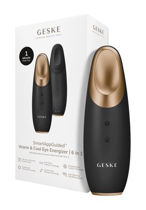 Appareil énergisant pour les yeux GESKE noir et or avec des boutons pour chauffer et refroidir, affiché à côté de sa boîte produit blanche avec texte et icônes.