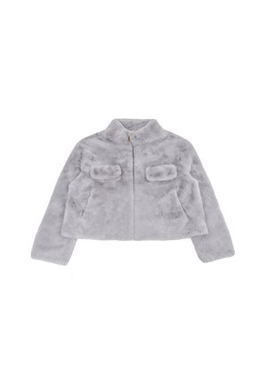 Giacca in pelliccia sintetica grigia con colletto alto, zip frontale e due tasche sul petto. Presenta una finitura morbida e testurizzata e un design accorciato.