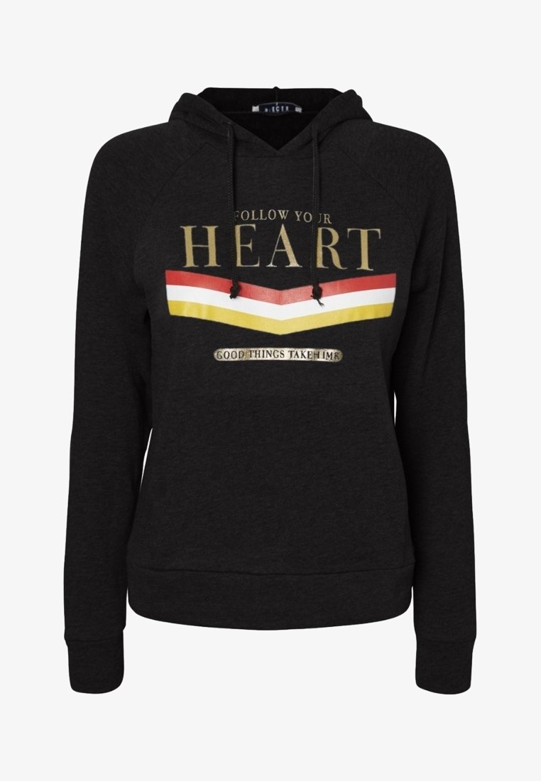 Black hoodie featuring a front design with gold and colored text, striped pattern in red and yellow, and drawstrings at the hood.