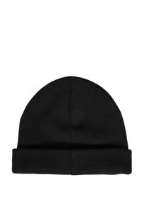 Zwarte gebreide beanie met een opgerolde rand, met een gladde textuur en naadloos ontwerp. Geschikt voor casual gebruik in koud weer.