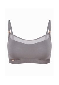 Graue Bralette mit nahtlosem Design, weichem Stoff, dünnen verstellbaren Trägern und detaillierten Akzenten aus Roségold an der Verbindung von Träger und Band.