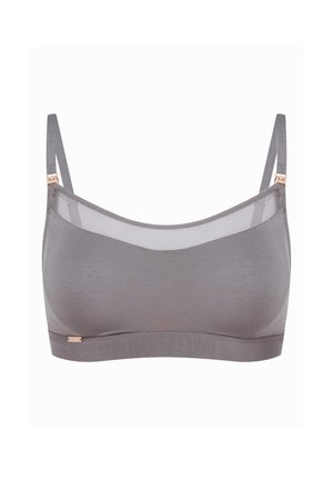 Szary biustonosz braletka z bezszwowym designem, miękkiego materiału, cienkimi regulowanymi ramiączkami oraz różowo-złotymi akcentami na złączeniu ramiączka i pasa.