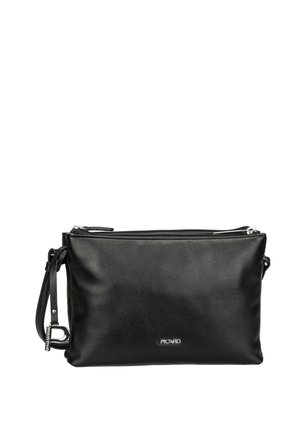 Sac bandoulière rectangulaire en cuir noir avec fermeture éclair, sangle réglable et petit logo de marque en métal au centre devant.