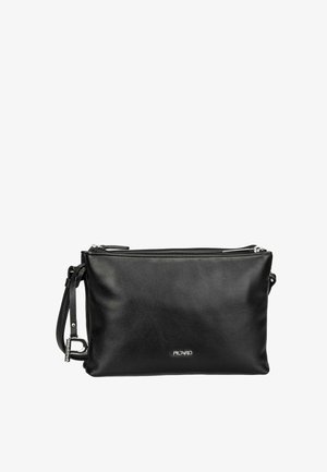 Schwarze rechteckige Leder-Umhängetasche mit Reißverschluss, verstellbarem Riemen und kleinem Metallmarkenlogo in der Mitte vorne.