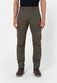 Olive green cargo pants featuring multiple pockets, durable fabric, a straight fit, and reinforced knees for added strength.