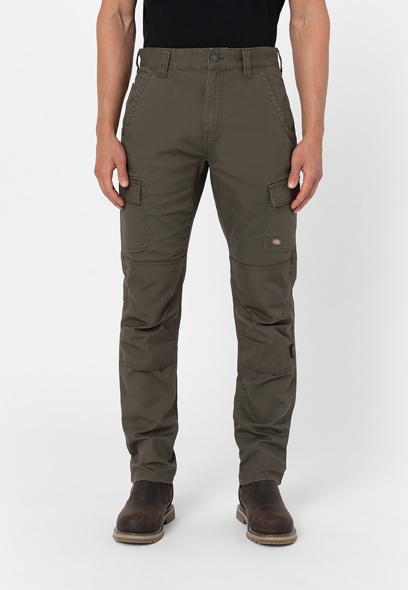 Olive green cargo pants featuring multiple pockets, durable fabric, a straight fit, and reinforced knees for added strength.