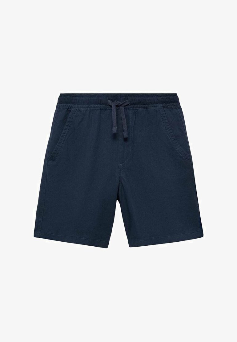 Námornícky modré bavlnené šortky s elastickým pásom a sťahovacou šnúrkou. Obsahujú dve bočné vrecká a majú rovný strih. Hladká textúra.