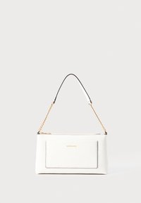 White leather handbag with a textured finish, featuring a gold chain strap and black accents. Includes a front pocket and zipper closure.