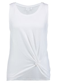 Vit ärmlös topp i mjukt tyg med en tvinnad knutdetalj vid midjan och en avslappnad passform. Rund halsringning, minimalistisk design.