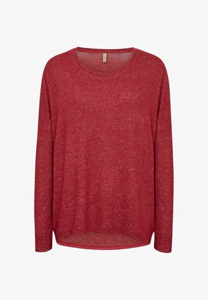 Rode longsleeve top van een zachte, gestructureerde, lichte stof. Brede, ronde halslijn en een relaxte pasvorm met een licht gebogen zoom.