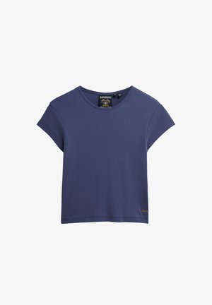 T-shirt a maniche corte blu navy in cotone, con scollatura tonda e un piccolo logo ricamato in basso a sinistra. Tessuto morbido.