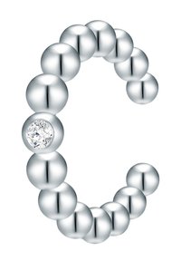 Anillo de plata diseñado con cuentas esféricas, que presenta un único acento de diamante transparente, exhibiendo un acabado suave y pulido.