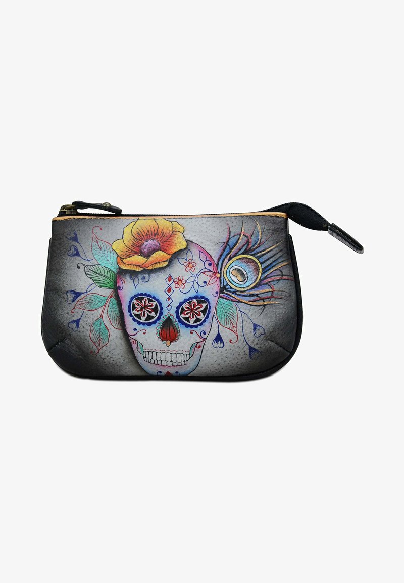 Black pouch featuring a skull graphic with colorful flowers and accents, a smooth texture, and a zip closure for secure storage.