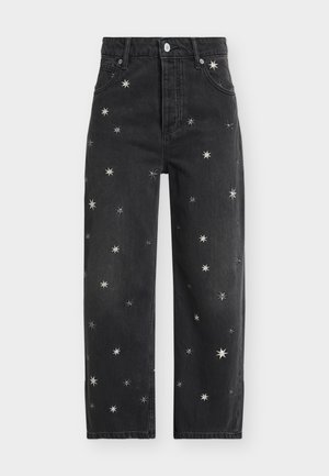 Black denim jeans with a high waist and straight-leg fit, featuring silver star embroidered patterns throughout. Button and zip closure.