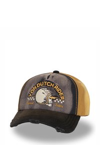 Gorra marrón y amarilla con bordes desgastados, que presenta un diseño bordado de calavera y casco. Logo de "Von Dutch Rider" destacado.