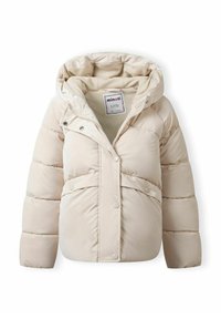 Polstret beige pufferjakke med hætte, forkant med trykknaplukning og to horisontale lommer; har en blød inderside og kviltet struktur.