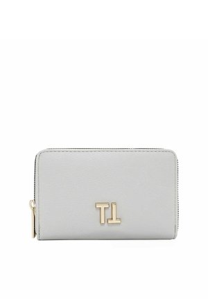 Gray leather wallet with a smooth texture, featuring a gold-tone "TL" logo on the front and a zip closure along the top edge.