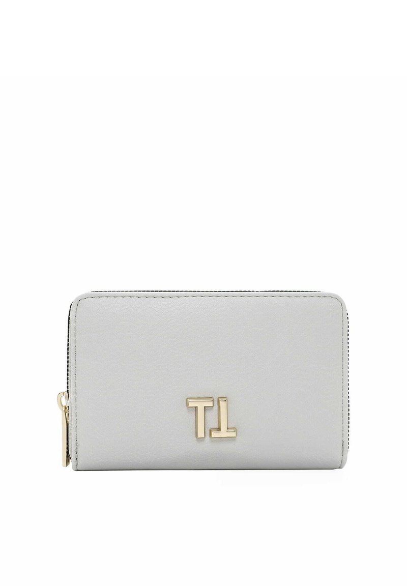 Gray leather wallet with a smooth texture, featuring a gold-tone "TL" logo on the front and a zip closure along the top edge.