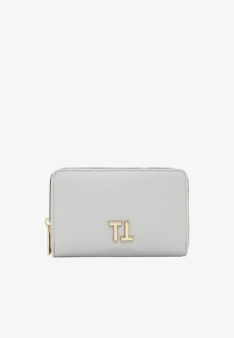 Gray leather wallet with a smooth texture, featuring a gold-tone "TL" logo on the front and a zip closure along the top edge.