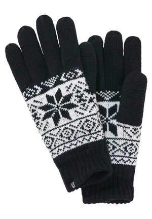 Schwarz-weiße gestrickte Handschuhe mit einem Schneeflockenmuster, gerippten Bündchen und einer strukturierten Oberfläche. Fünf-Finger-Design für Wärme.